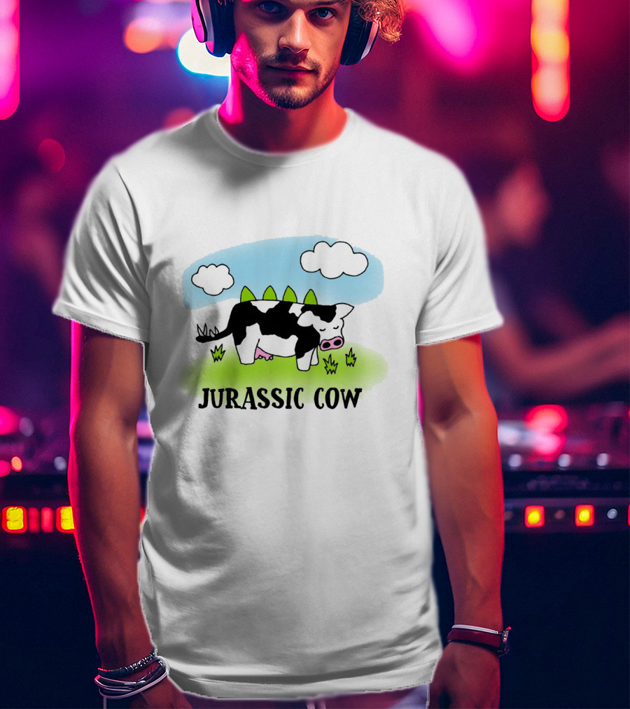 Jurassic Cow Grazing With Dinosaur Spikes Under Blue Sky And Clouds In Cartoon T-Shirt