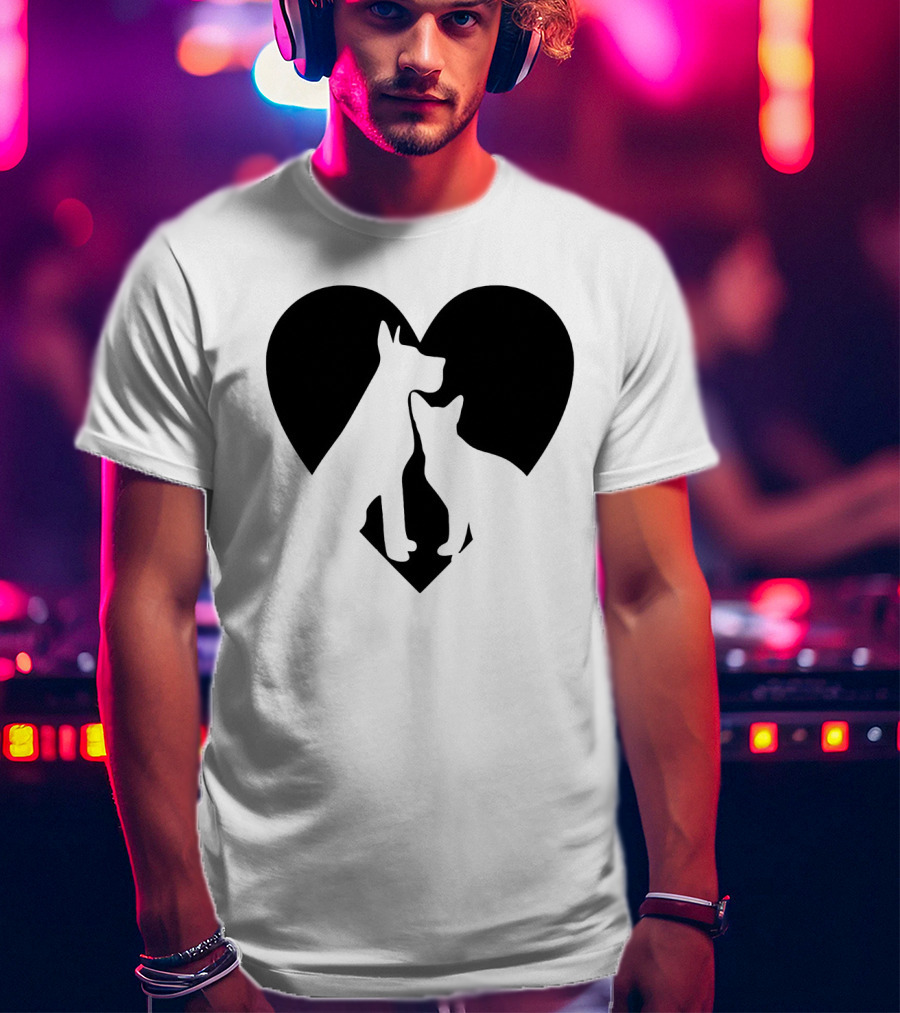 Love Animals Heart Silhouette Featuring Dog And Cat T-Shirt