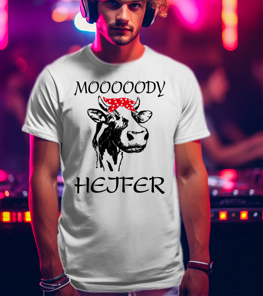 Mooooody Heifer Cow With Red Polka Dot Bandana T-Shirt