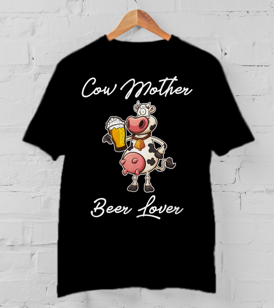 Cow Mother Holding Beer Glass Cartoon Art With Heart T-Shirt