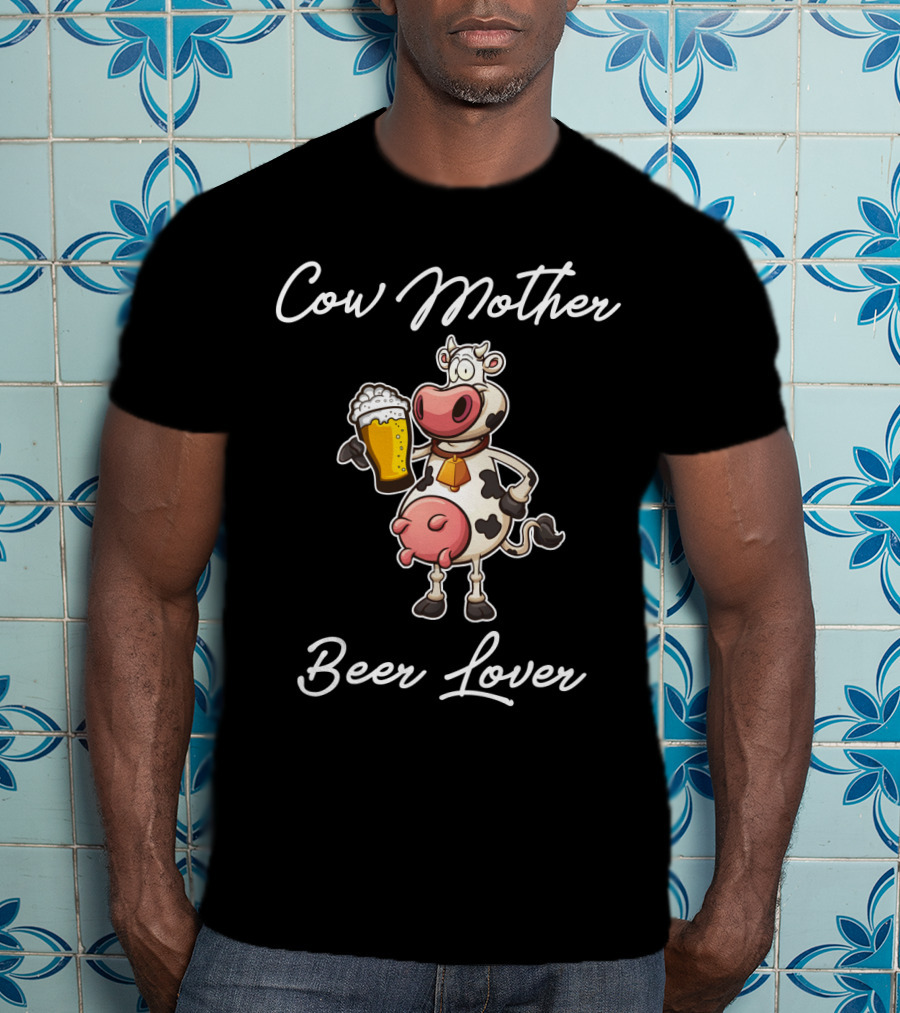 Cow Mother Holding Beer Glass Cartoon Art With Heart T-Shirt