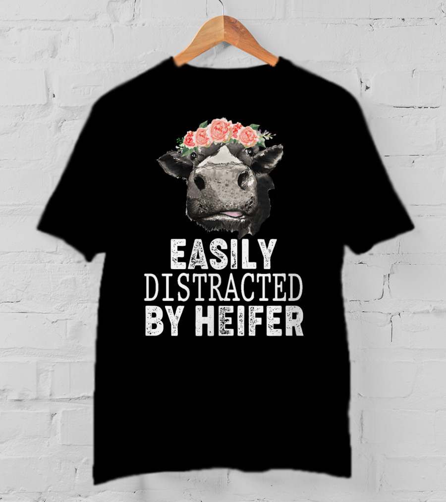Easily Distracted By Heifer Floral Cow With Flower Crown T-Shirt