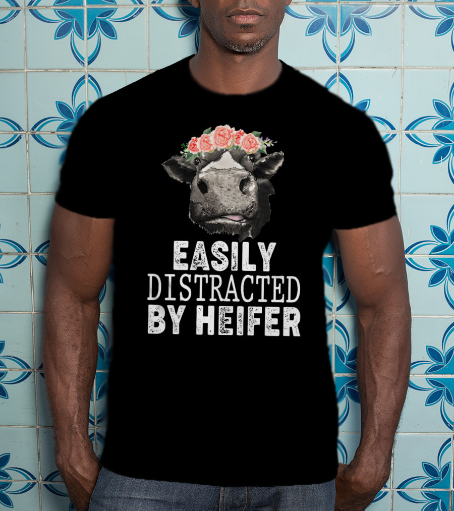 Easily Distracted By Heifer Floral Cow With Flower Crown T-Shirt