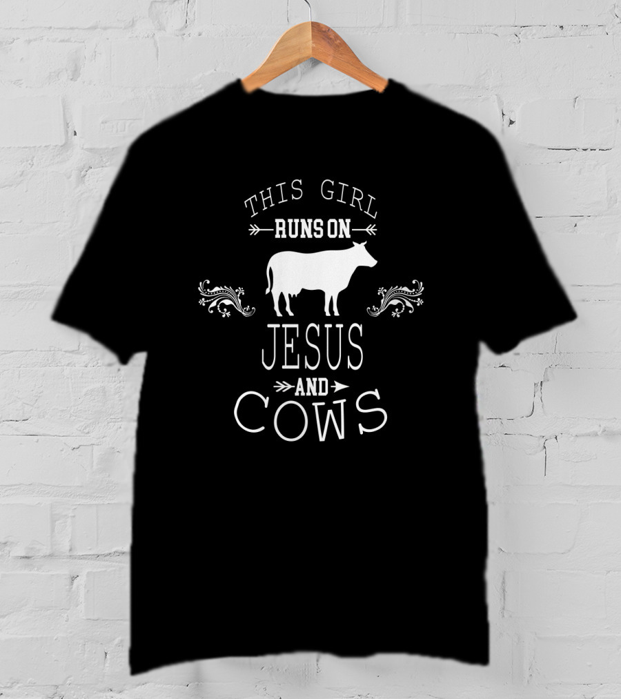 This Girl Runs On Jesus And Cows With Cow Silhouette And Decorative Flourishes T-Shirt