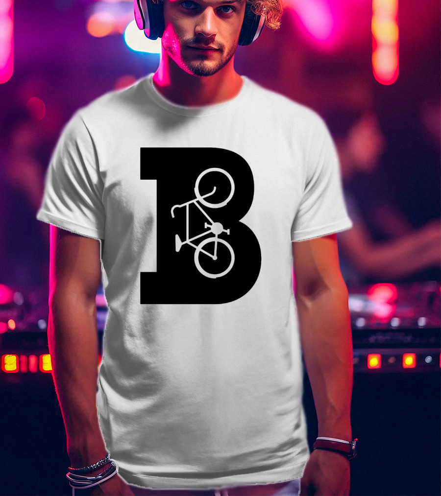 B Letter With Bicycle Motif Design In Bold Black T-Shirt