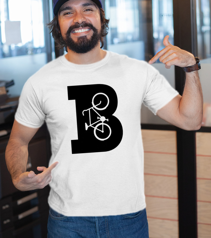 B Letter With Bicycle Motif Design In Bold Black T-Shirt