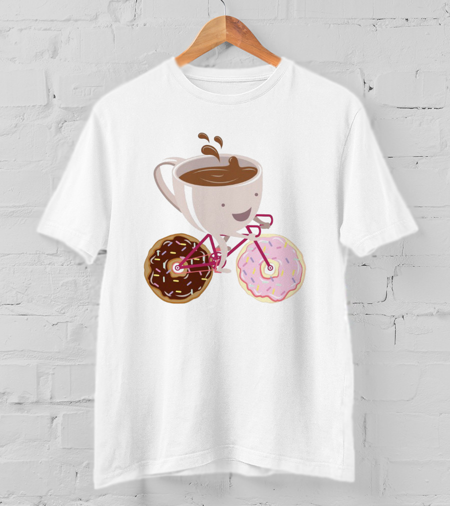 Happy Coffee Cup Riding Donut Bicycle Fun T-Shirt
