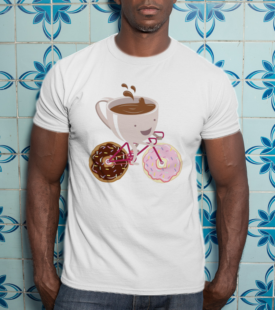 Happy Coffee Cup Riding Donut Bicycle Fun T-Shirt