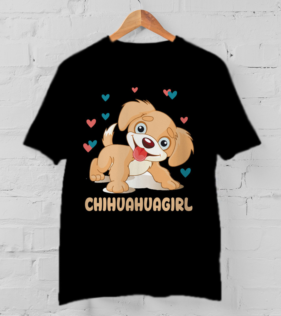 Chihuahuagirl Cute Cartoon Puppy Surrounded By Colorful Hearts T-Shirt