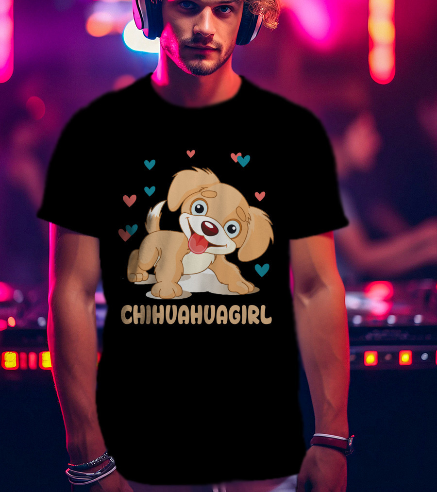 Chihuahuagirl Cute Cartoon Puppy Surrounded By Colorful Hearts T-Shirt
