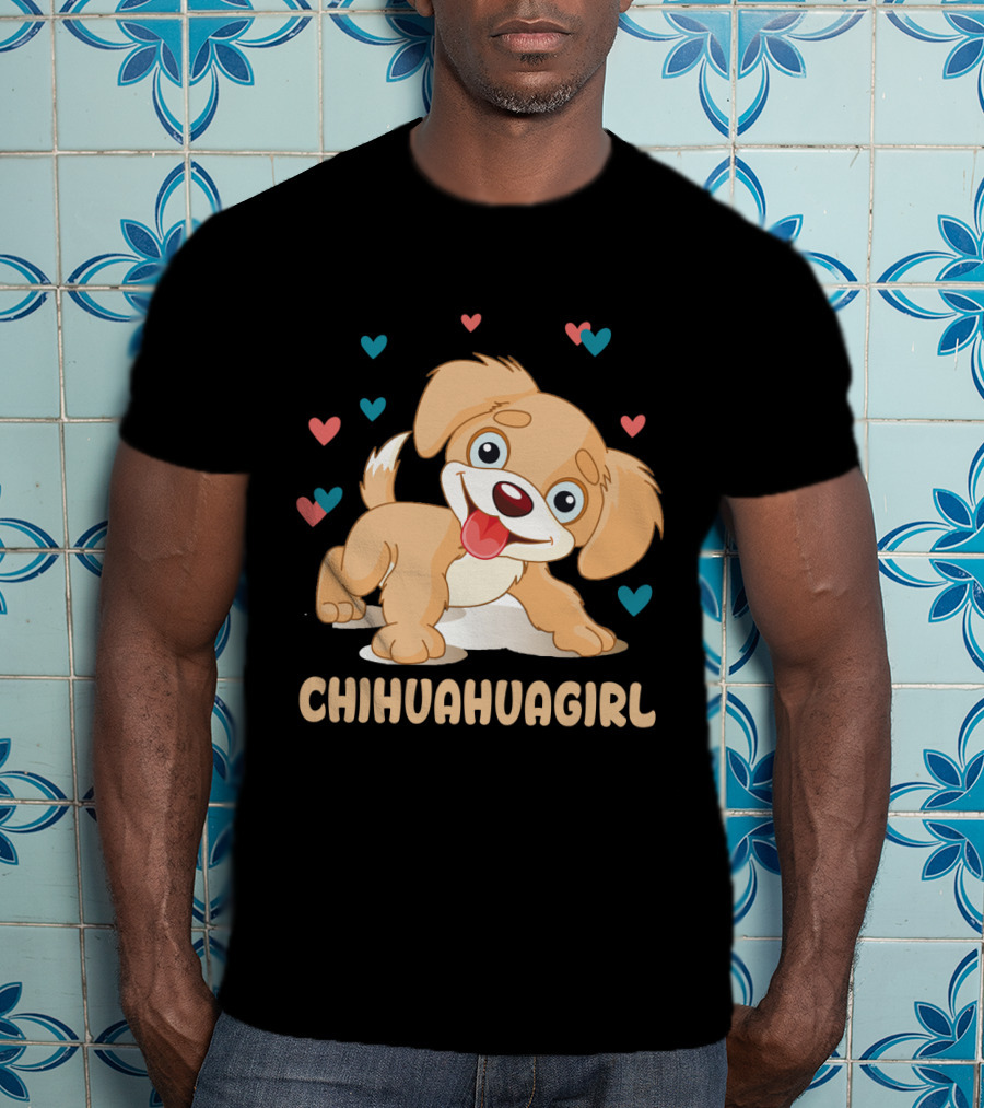 Chihuahuagirl Cute Cartoon Puppy Surrounded By Colorful Hearts T-Shirt