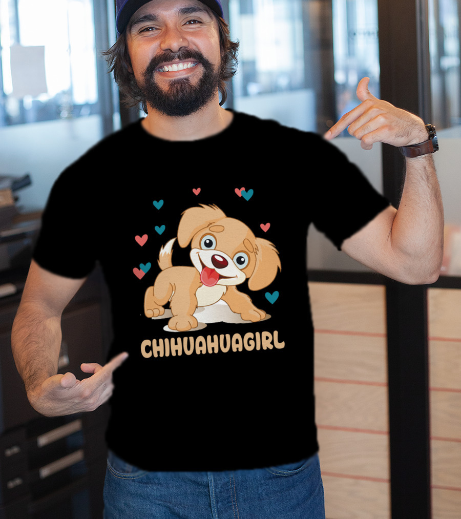Chihuahuagirl Cute Cartoon Puppy Surrounded By Colorful Hearts T-Shirt
