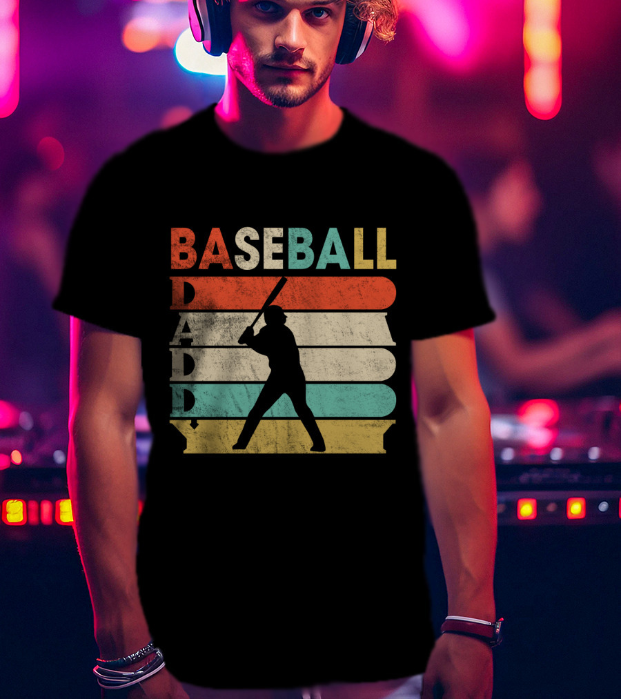 Retro Baseball Daddy Vintage Stripes Silhouette Batter T-Shirt