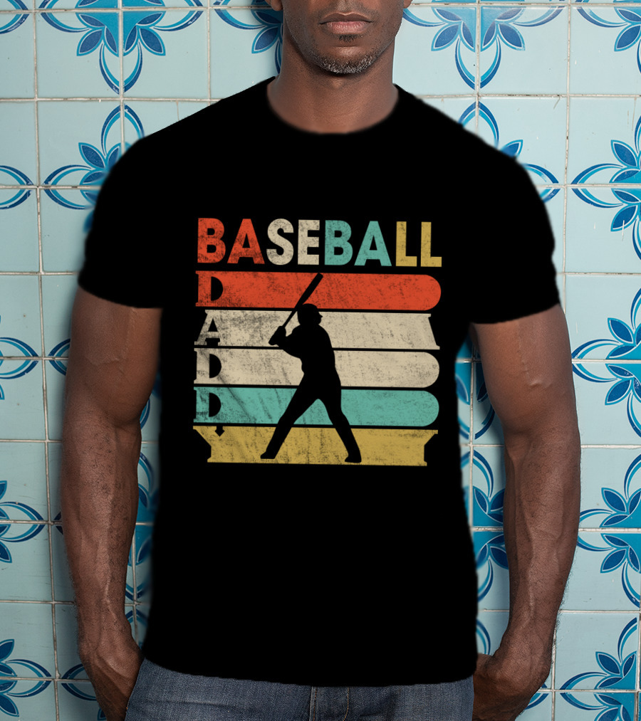 Retro Baseball Daddy Vintage Stripes Silhouette Batter T-Shirt