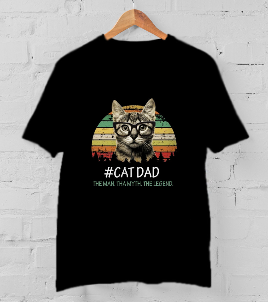 Cat Dad The Man Tha Myth The Legend Vintage Striped Glasses Cat T-Shirt