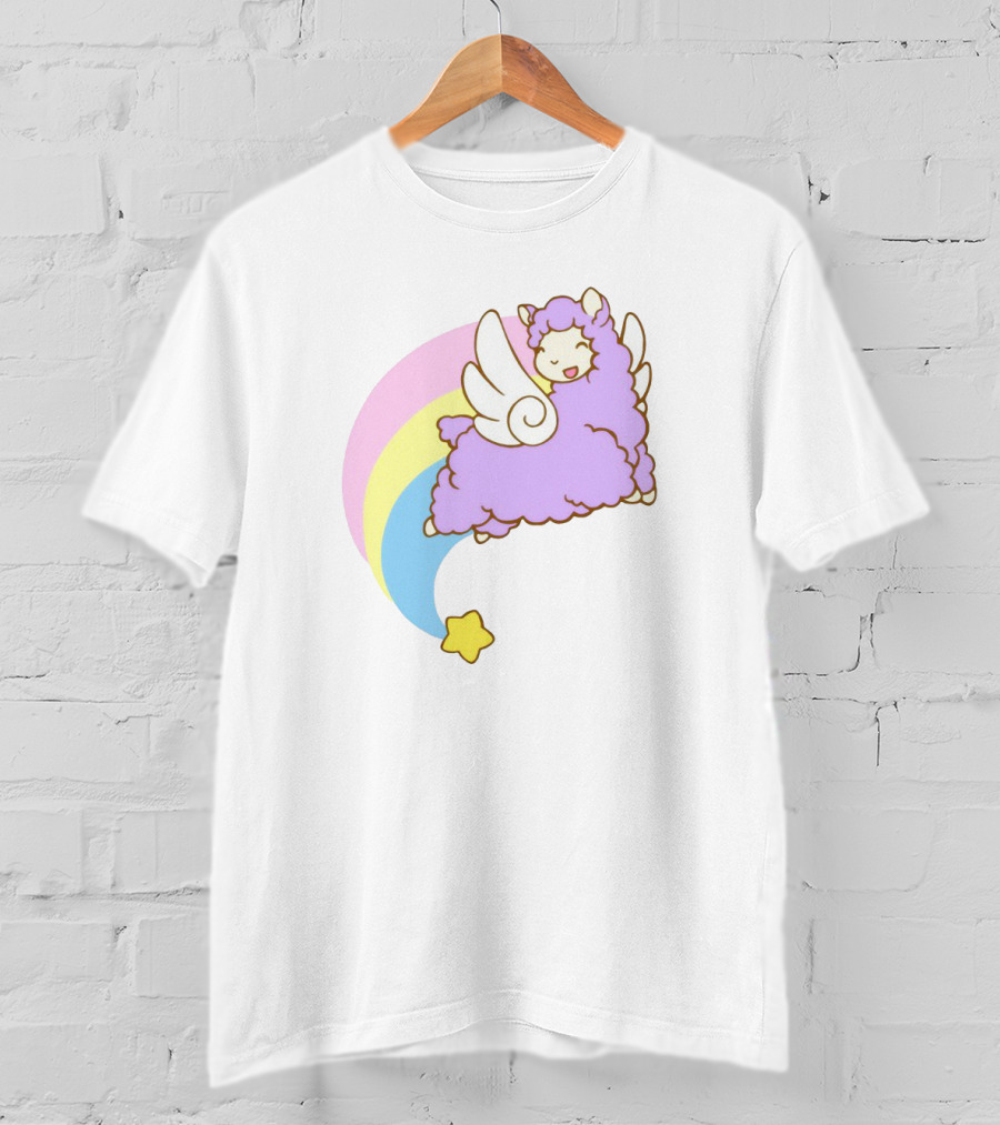Flying Alpacasus: Winged Purple Alpaca With Rainbow And Star Trail T-Shirt
