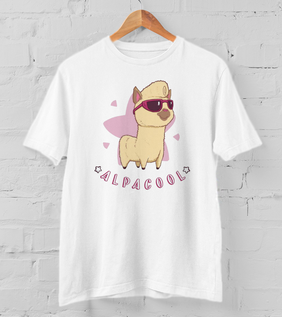 Alpacool Sunglasses-Wearing Alpaca With Pink Heart Background T-Shirt