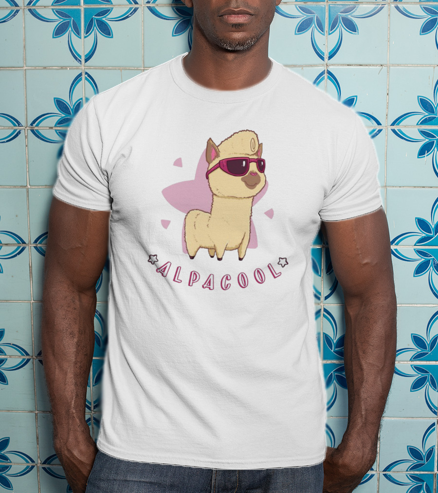 Alpacool Sunglasses-Wearing Alpaca With Pink Heart Background T-Shirt