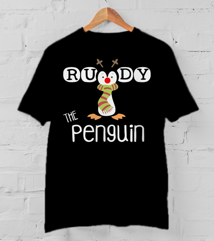Rudy The Penguin With Antlers And Scarf Holiday T-Shirt