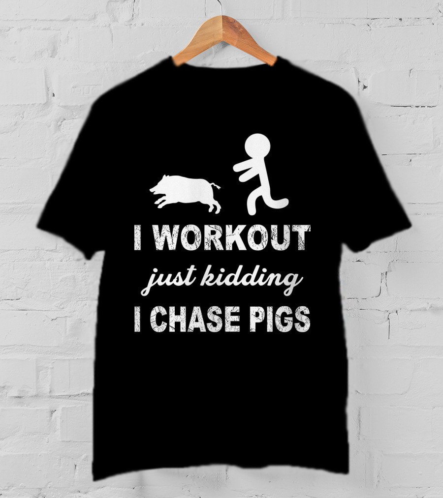 Workout Humor With Stick Figure And Pig Chase Adventure T-Shirt