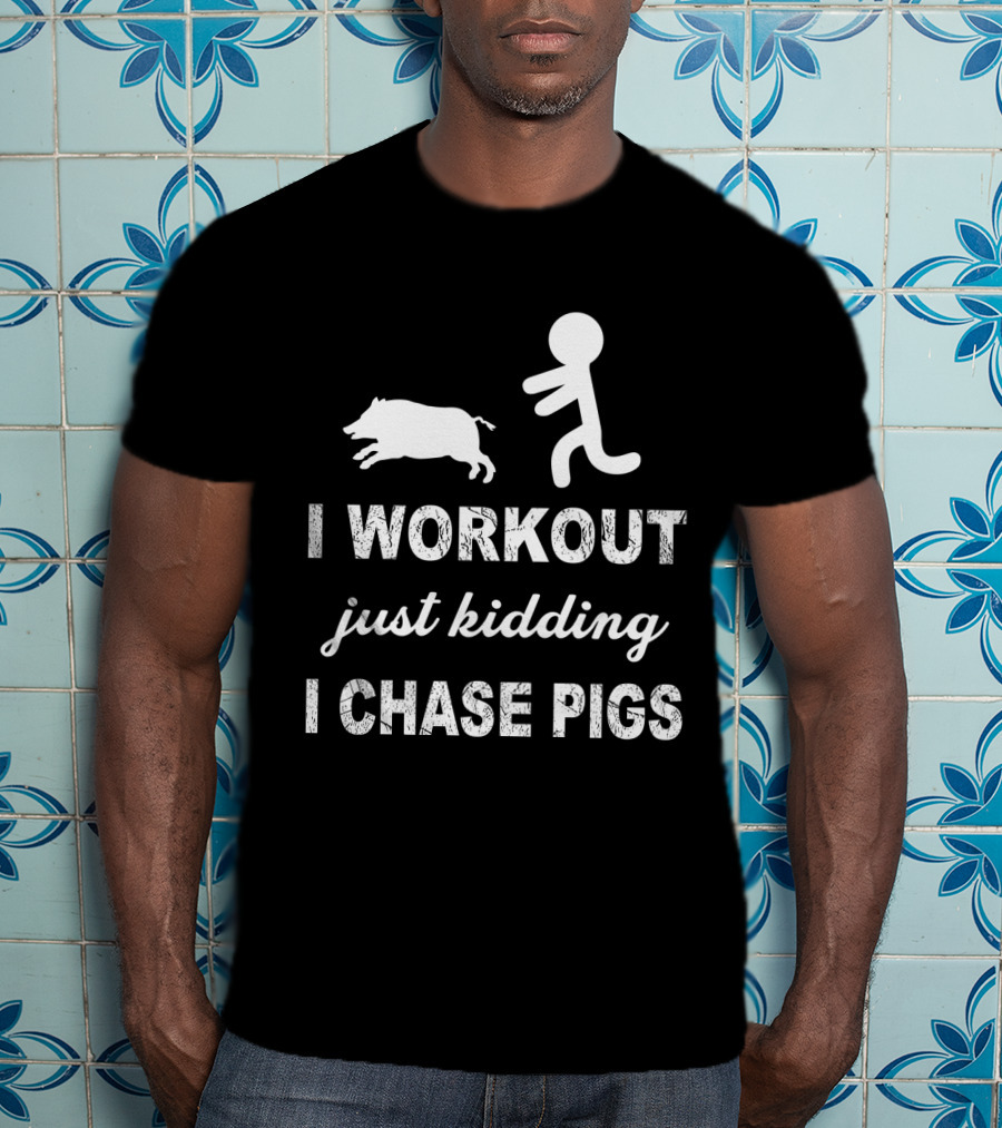 Workout Humor With Stick Figure And Pig Chase Adventure T-Shirt