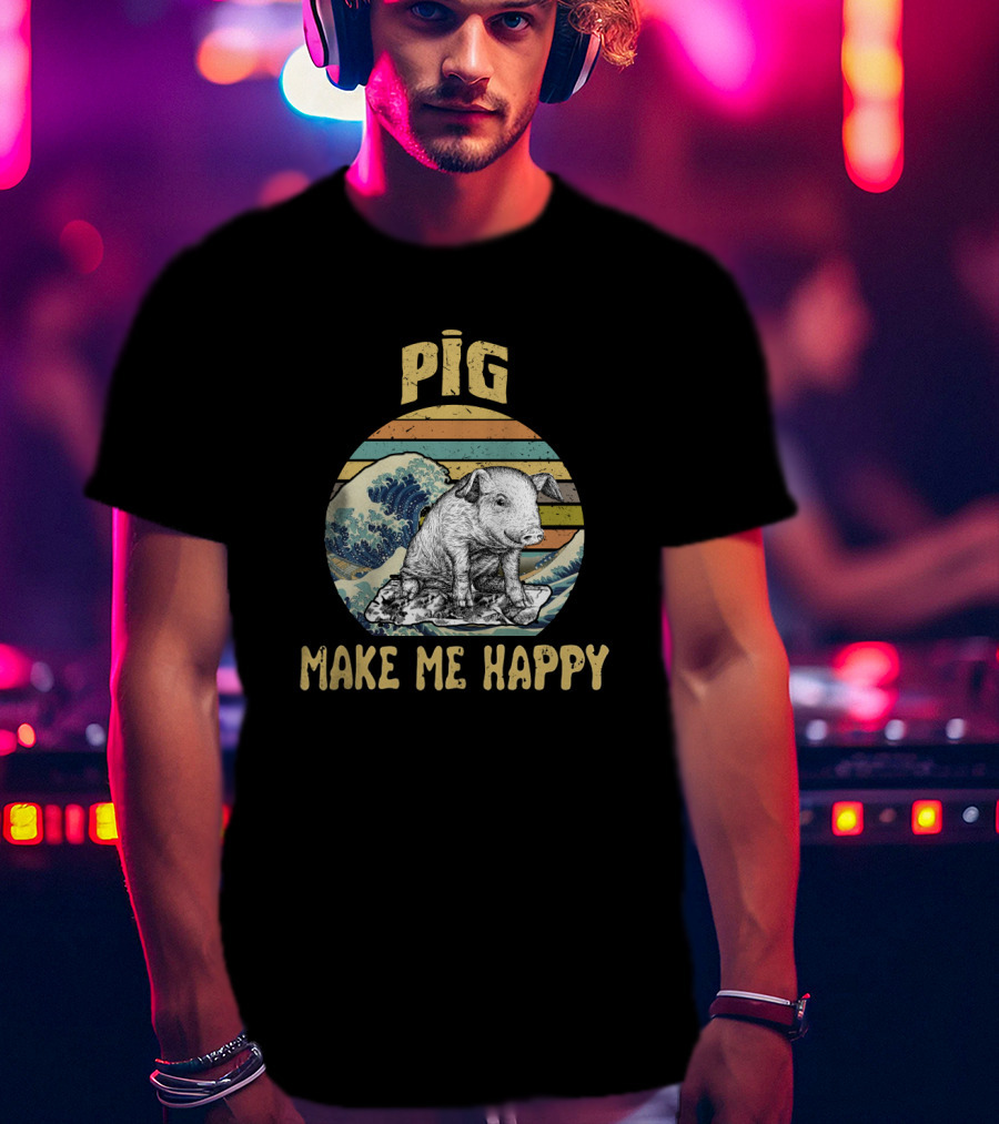Pig Make Me Happy Retro Wave T-Shirt