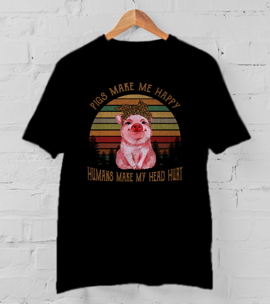 Pigs Make Me Happy Humans Make My Head Hurt Retro Pig With Leopard Print Bow T-Shirt