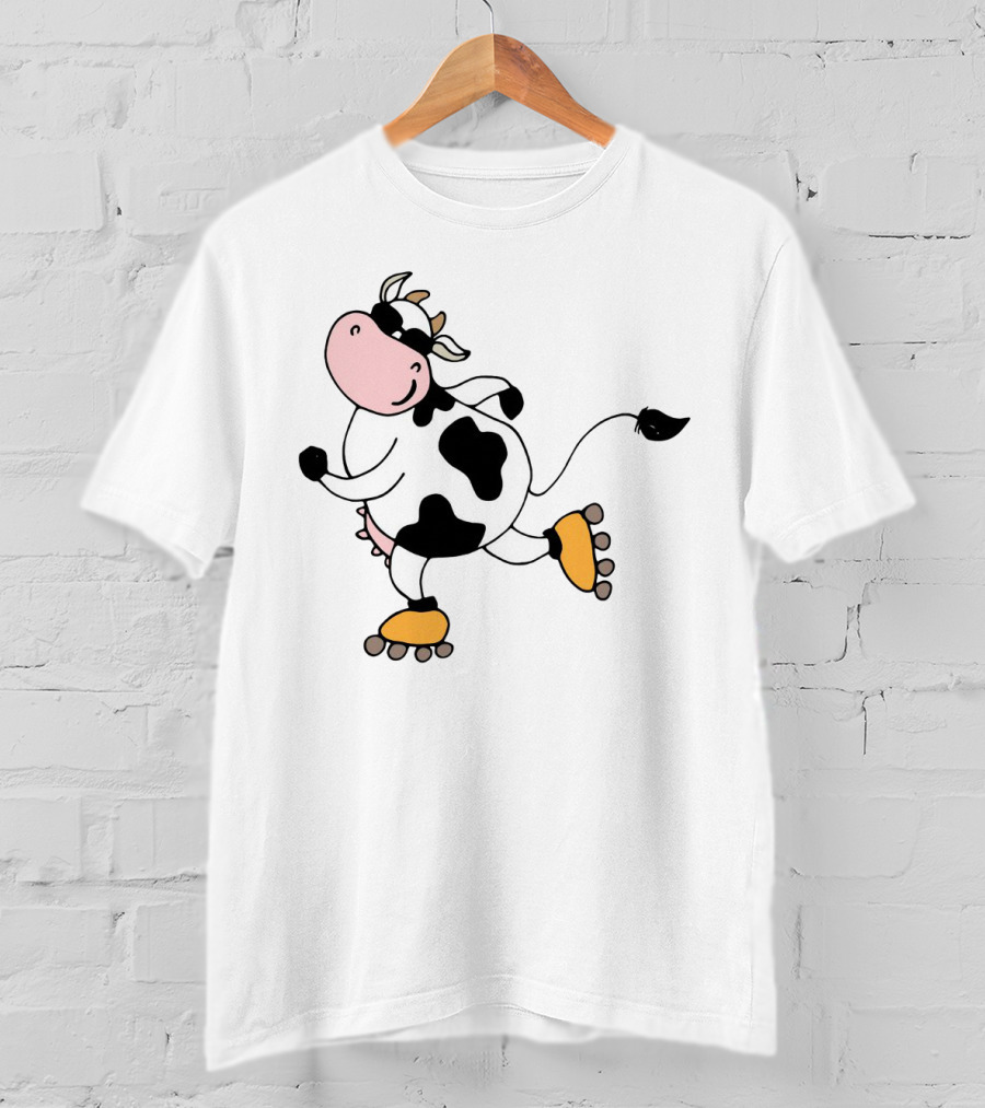 Funny Cow On Rollers Skates Joyful Cartoon T-Shirt