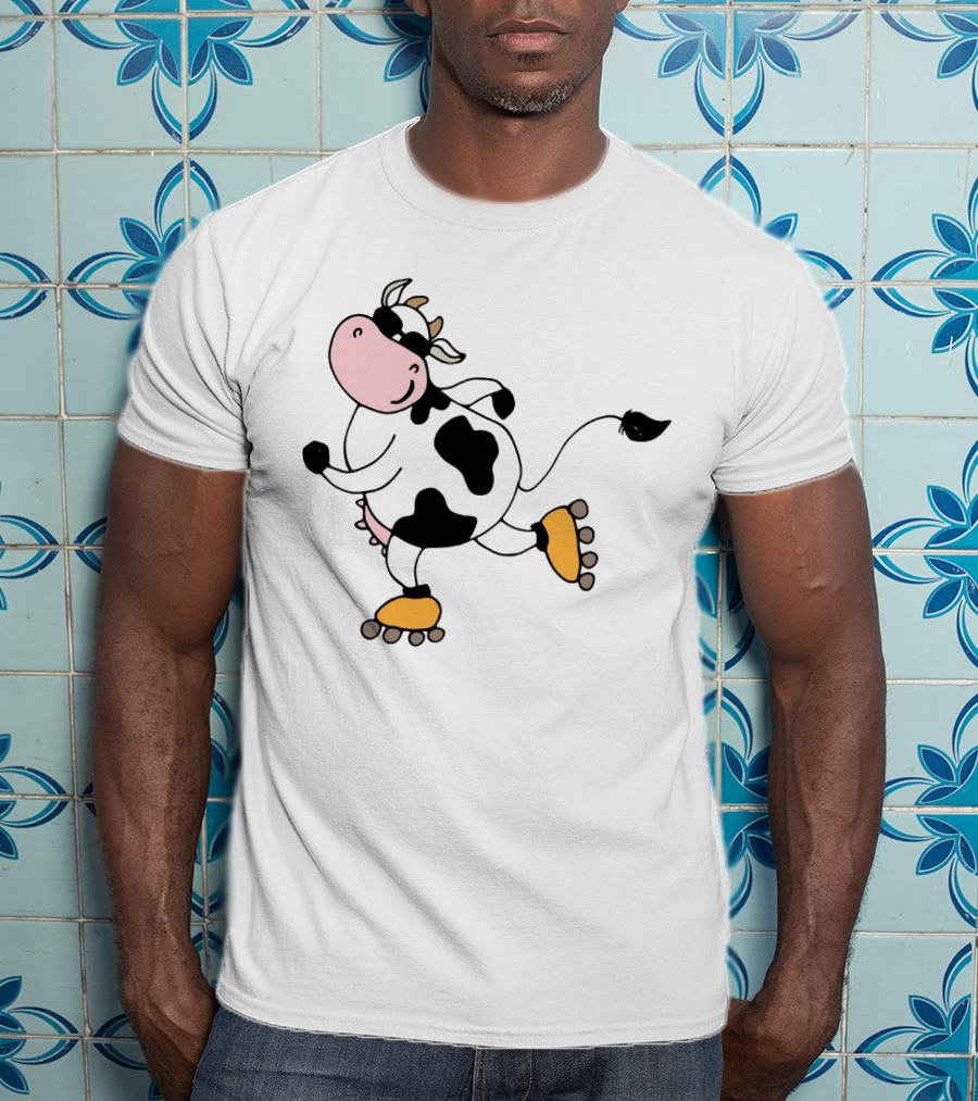 Funny Cow On Rollers Skates Joyful Cartoon T-Shirt