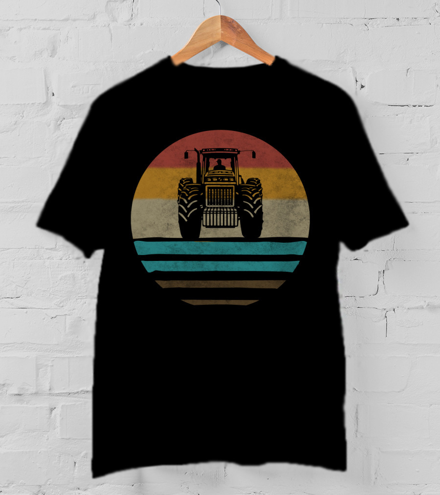 Retro Tractor Farming With Vintage Stripe T-Shirt