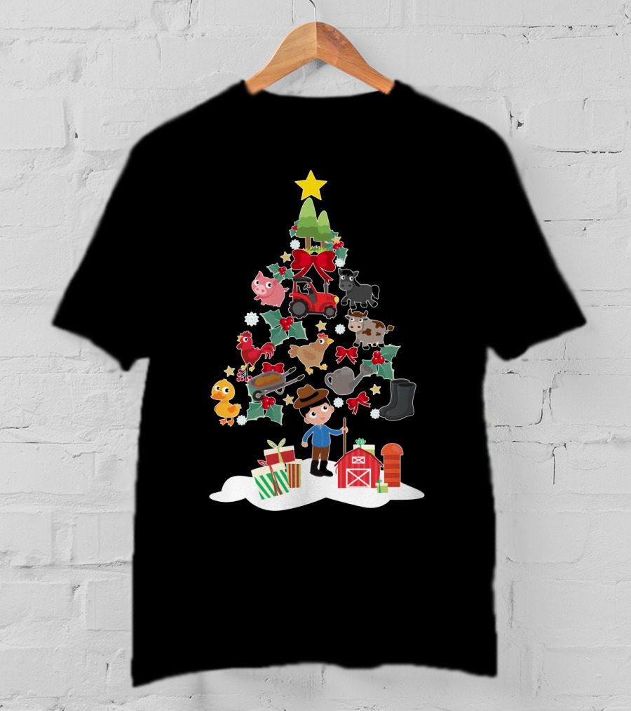 Farmer Christmas Tree With Farm Animals And Tractor T-Shirt