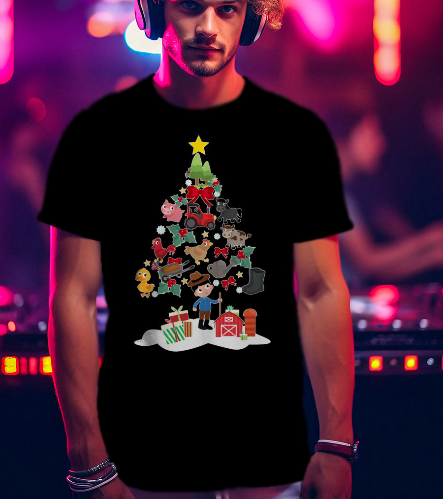 Farmer Christmas Tree With Farm Animals And Tractor T-Shirt
