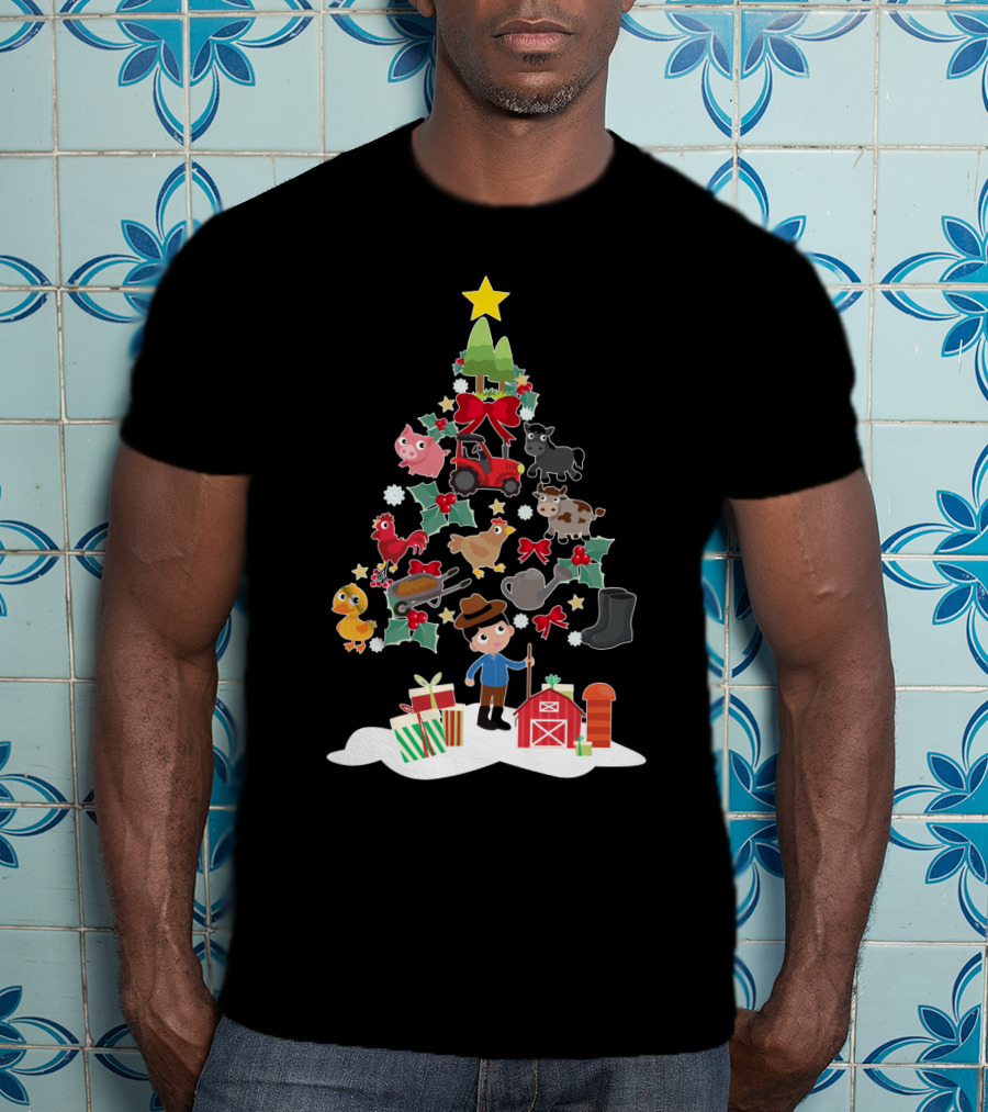 Farmer Christmas Tree With Farm Animals And Tractor T-Shirt