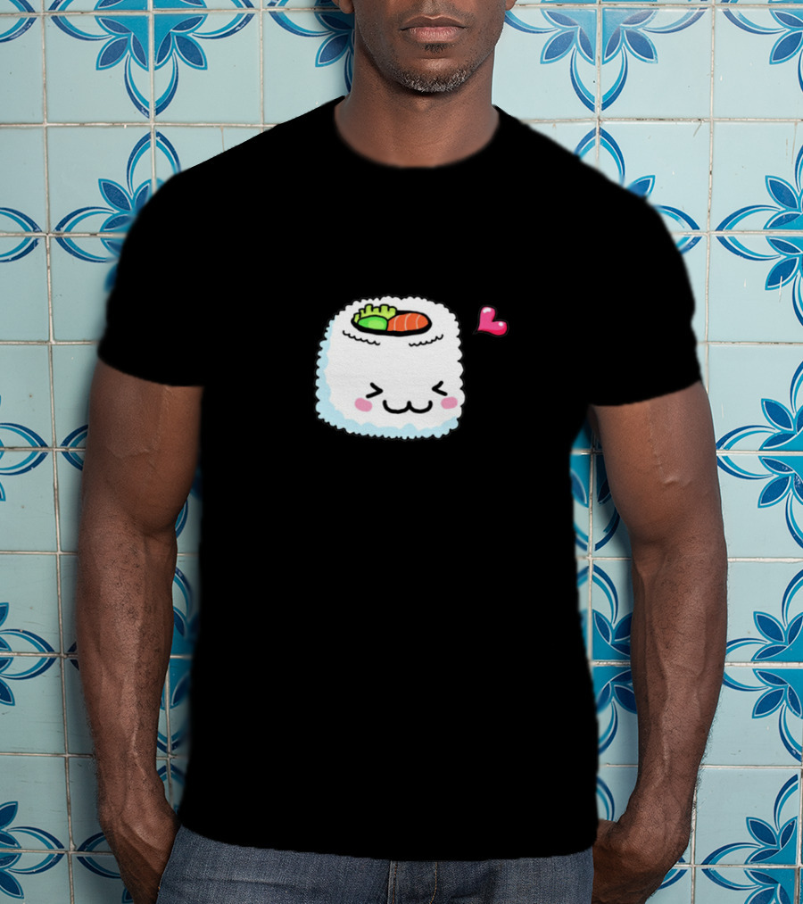 Cute Kawaii Sushi Roll With Heart And Blushing Face T-Shirt