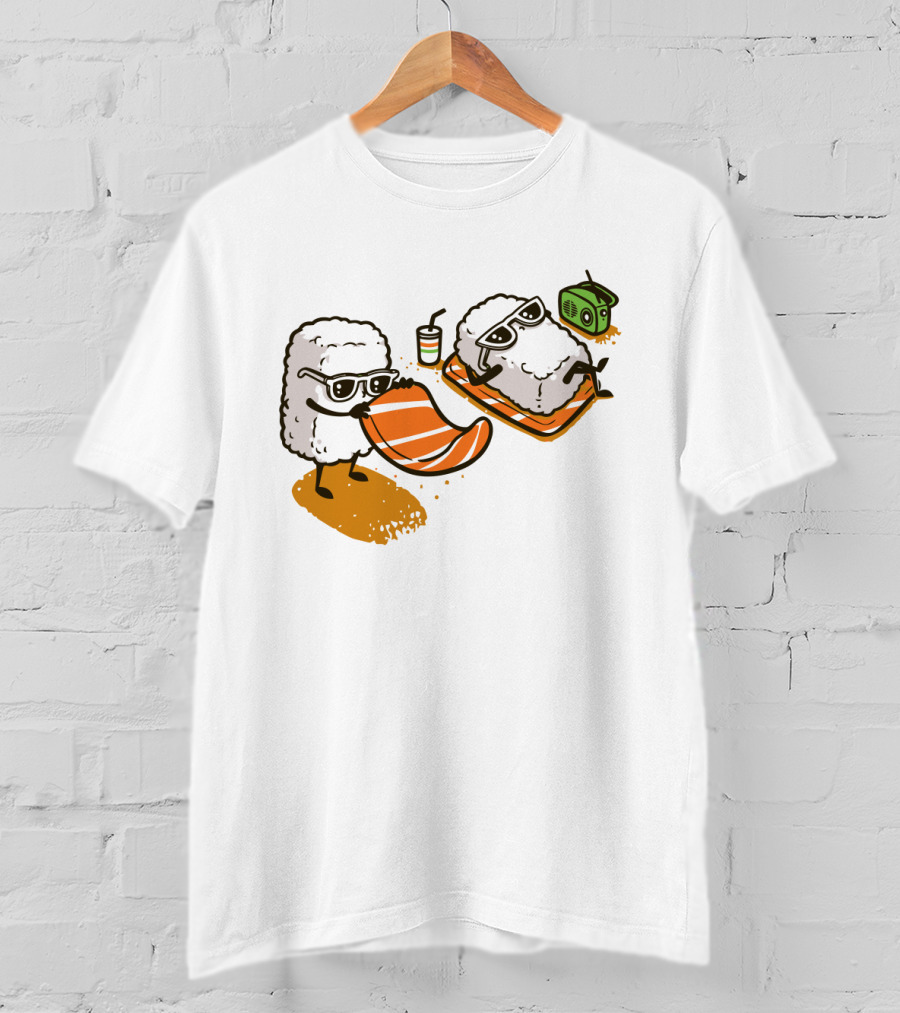 Sushi Chill Vibes: Cute Rice And Salmon Characters Relaxing With Shades And Radio T-Shirt