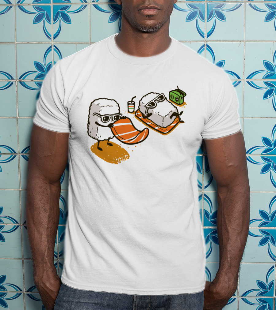 Sushi Chill Vibes: Cute Rice And Salmon Characters Relaxing With Shades And Radio T-Shirt