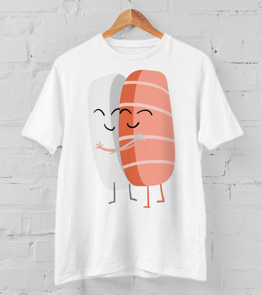 Kawaii Sushi Hugging Salmon Nigiri Cartoon T-Shirt