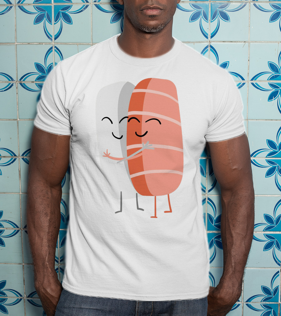 Kawaii Sushi Hugging Salmon Nigiri Cartoon T-Shirt