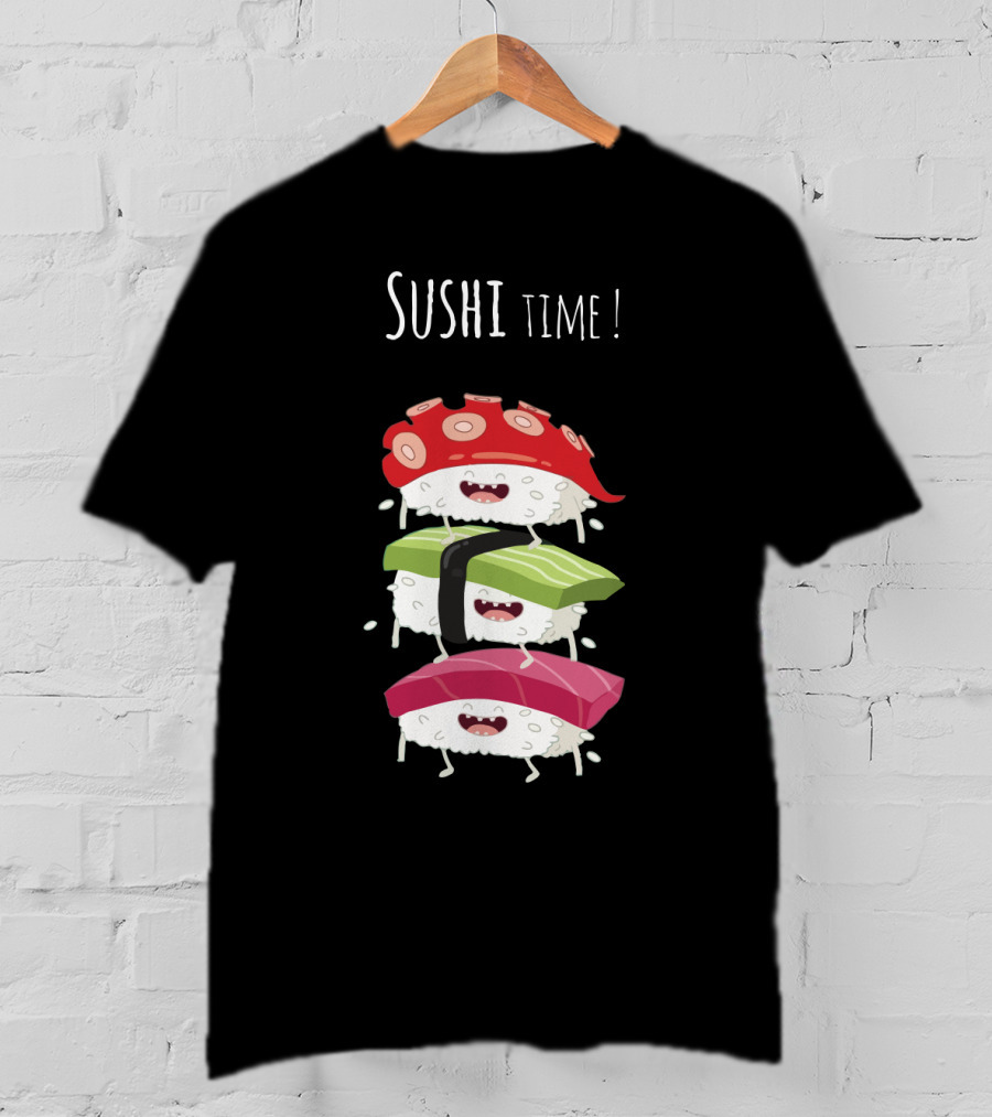 Sushi Time Funny Animated Sushi Stack With Smiling Rice Characters T-Shirt