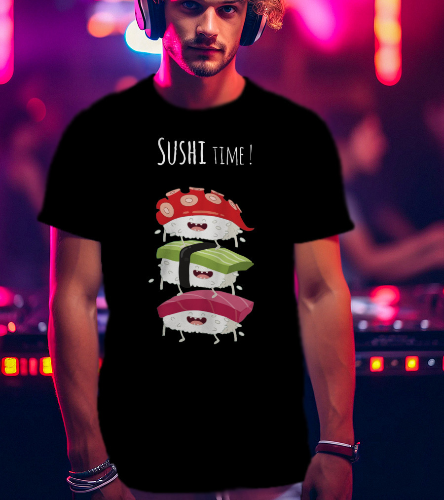 Sushi Time Funny Animated Sushi Stack With Smiling Rice Characters T-Shirt