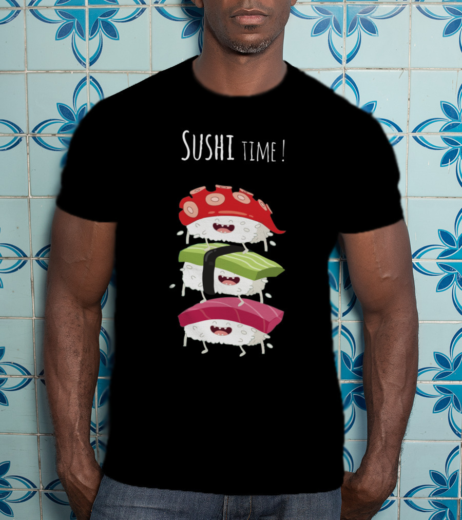 Sushi Time Funny Animated Sushi Stack With Smiling Rice Characters T-Shirt