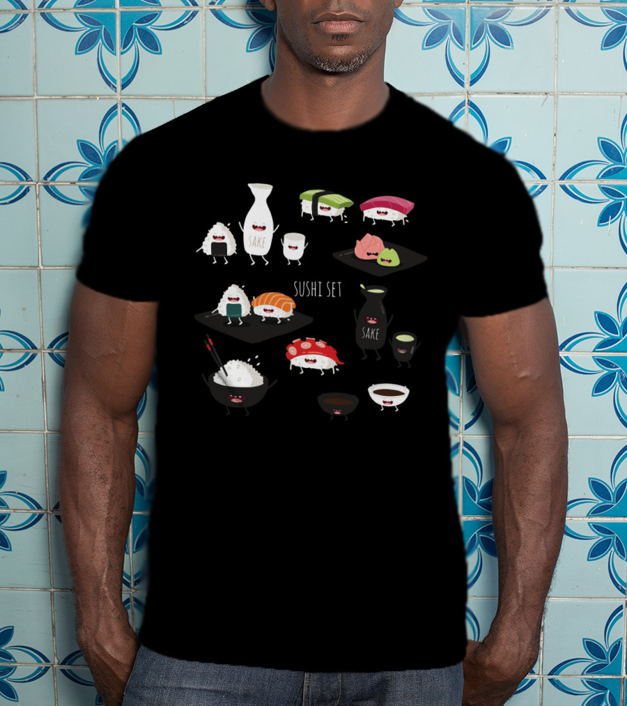 Sushi Set With Happy Sake Characters And Cute Cartoon Sushi Rolls T-Shirt