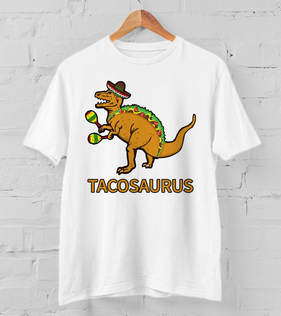 Tacosaurus Sombrero Dinosaur With Maracas Taco Lover Fiesta Fun T-Shirt