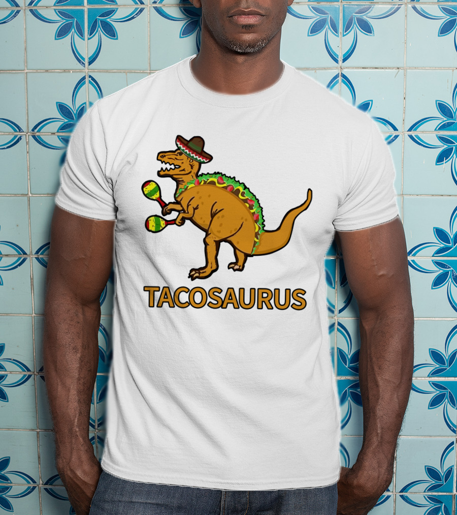Tacosaurus Sombrero Dinosaur With Maracas Taco Lover Fiesta Fun T-Shirt