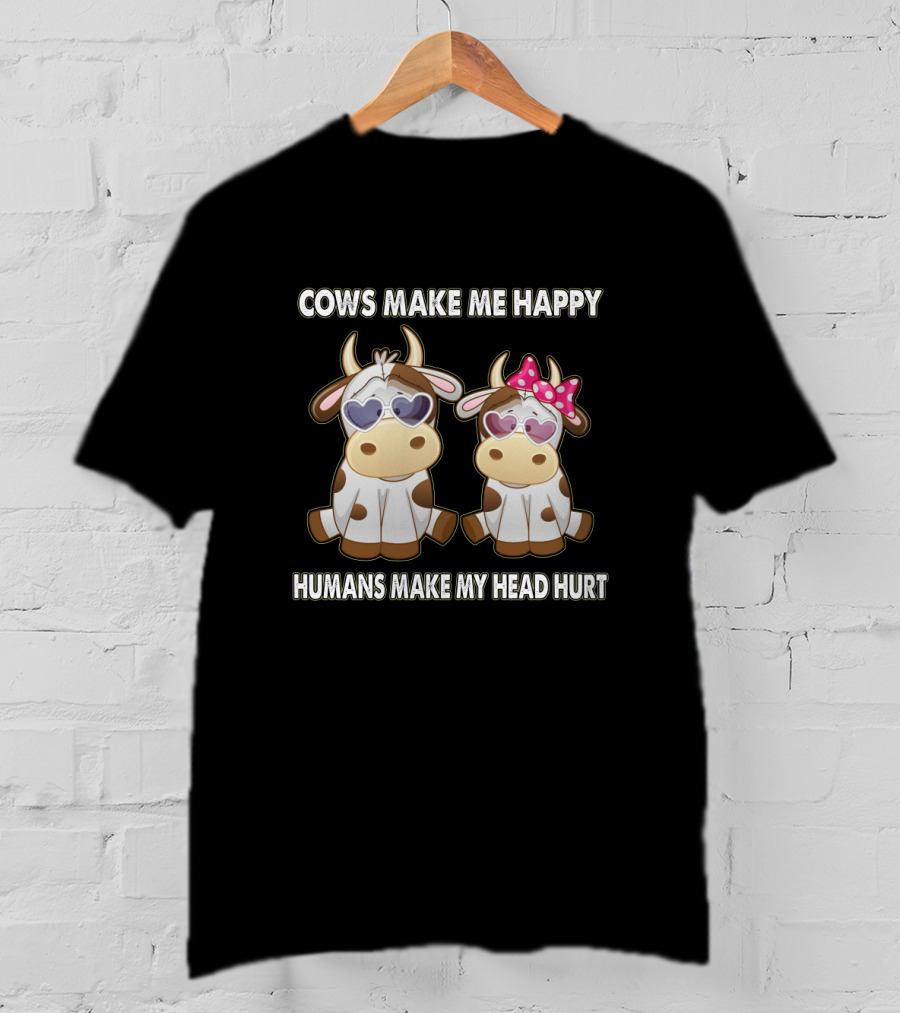 Cows Make Me Happy Humans Make My Head Hurt Heart Sunglasses And Pink Bow T-Shirt