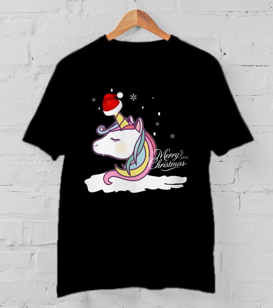 Merry Christmas Unicorn Santa Hat Snowflakes T-Shirt
