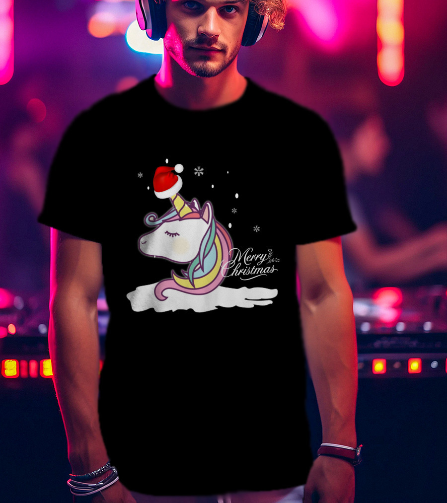 Merry Christmas Unicorn Santa Hat Snowflakes T-Shirt