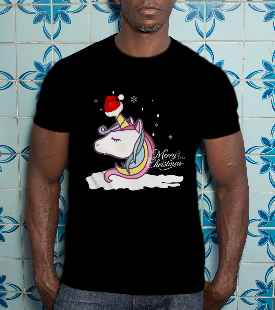 Merry Christmas Unicorn Santa Hat Snowflakes T-Shirt