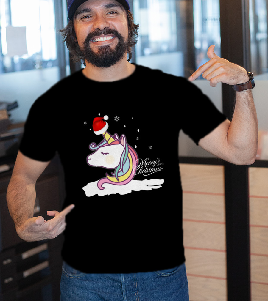 Merry Christmas Unicorn Santa Hat Snowflakes T-Shirt