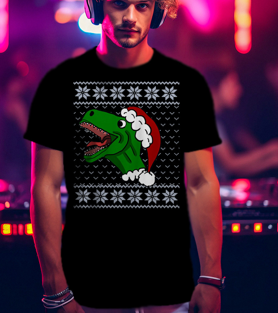 T Rex Christmas Ugly Sweater Santa Hat T-Shirt